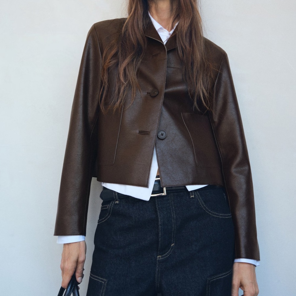 Mango Faux-leather Jacket with Pockets - Chocolate